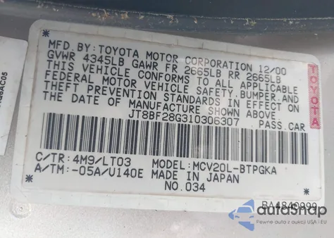 2001 Lexus Es 300 z USA, uszkodzony, nr VIN JT8BF28G310306307